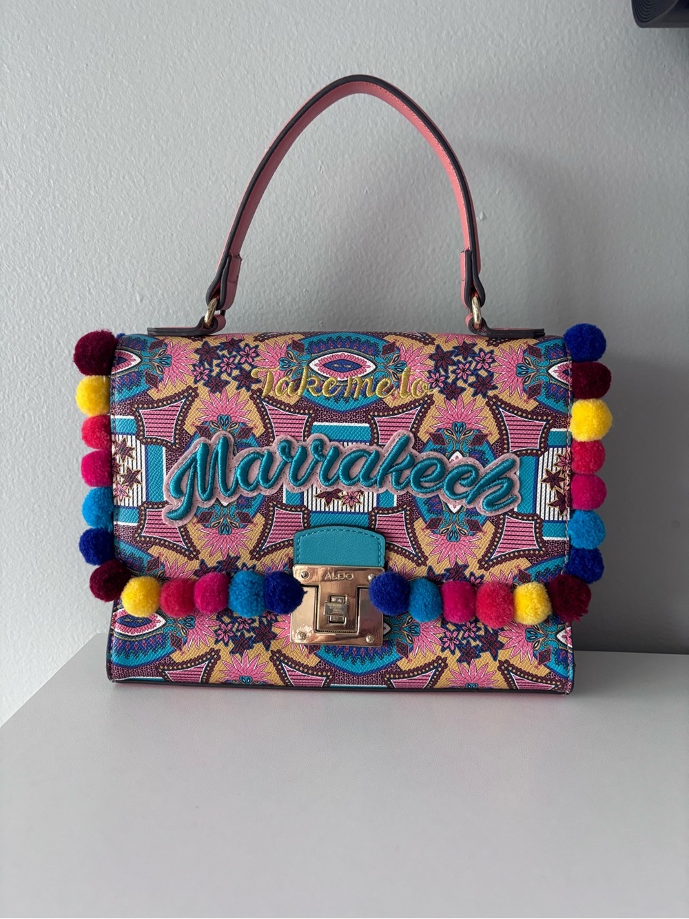 Aldo Multicolor Marrakech Embroidered Pom-Pom Top-Handle Satchel